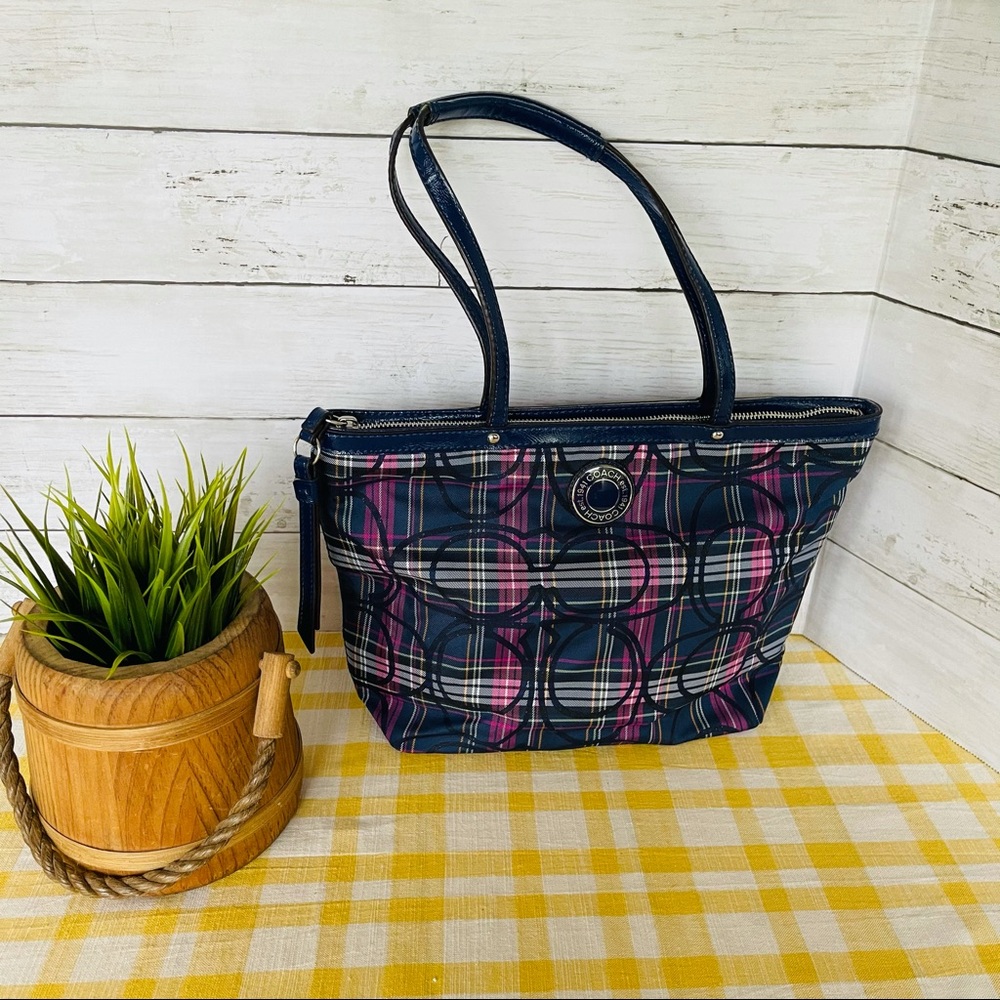 COACH blue/pink plaide tote